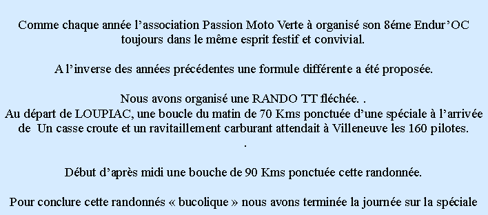 Zone de Texte: Comme chaque anne lassociation Passion Moto Verte  organis son 8me EndurOC toujours dans le mme esprit festif et convivial.A linverse des annes prcdentes une formule diffrente a t propose.Nous avons organis une RANDO TT flche. .Au dpart de LOUPIAC, une boucle du matin de 70 Kms ponctue dune spciale  larrive de  Un casse croute et un ravitaillement carburant attendait  Villeneuve les 160 pilotes. .Dbut daprs midi une bouche de 90 Kms ponctue cette randonne.Pour conclure cette randonns  bucolique  nous avons termine la journe sur la spciale 